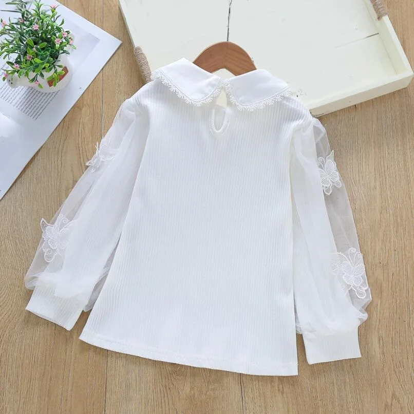 Блузка для девочек белая кружевная с длинными рукавами-фонариками и отложным