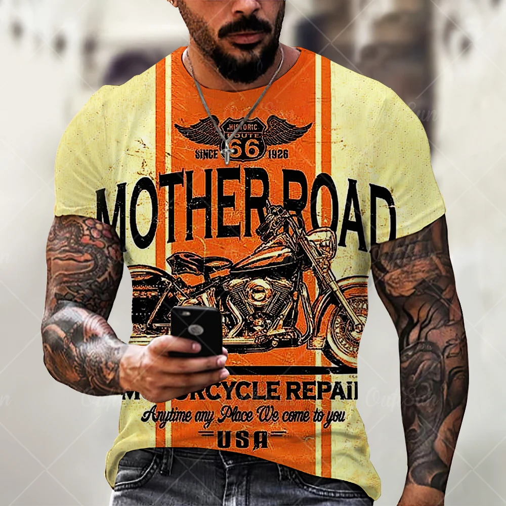

2021 Summer New Fashion Trend Route 66 Motorcycle Pattern Men's 3D Printing T-shirt Street Personality Wild Loose Oversized