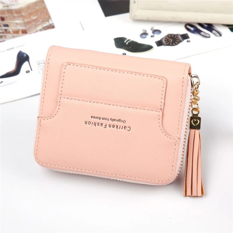 

Женский однотонный кошелек из искусственной кожи, женский маленький короткий кошелек на молнии с кисточкой, Дамский милый кошелек с надпис...