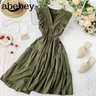 Женский сарафан средней длины на пуговицах, повседневное праздничное платье-трапеция с V-образным вырезом, высокой талией и оборками, лето 2022