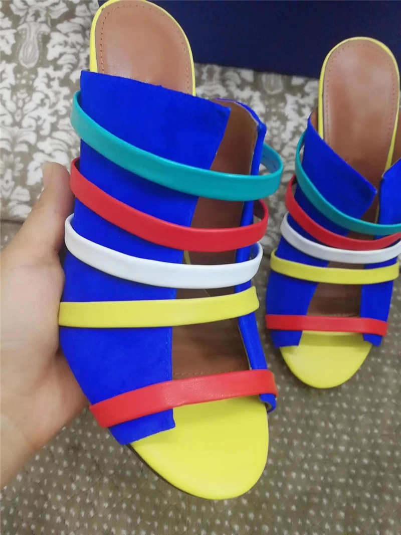 

Fashion Colorful Narrow Band Sandals Women Fretwork Design 10cm Thin High Heel Open Toe Summer Lazyman Mules Lady