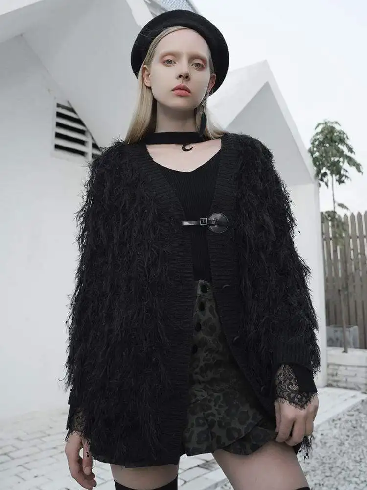 Панк Rave женская готическая Кнопка Fly пушистая куртка-кардиган PM-179KM | Женская