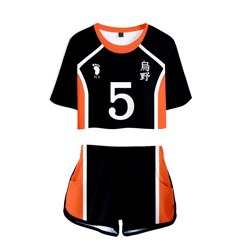 

Popular Dew navel Sport bokuto akaashi Suit Women Two Pieces sets Volleyball Haikyuu Jersey Figure T-shirts+shorts Pants Clothes