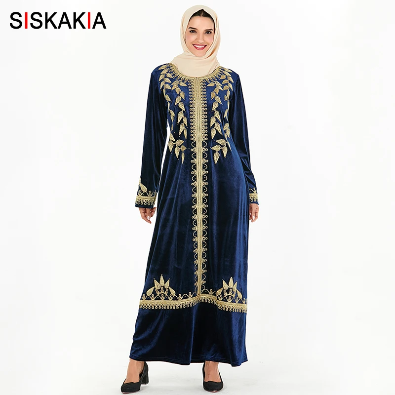 Navy blue abaya Siskakia арабские платья абайя шикарные Золотые листья Вышивка мусульманское длинное платье Синий бархат Стразы Дубай платья для женщин - Цвет: Navy blue abaya