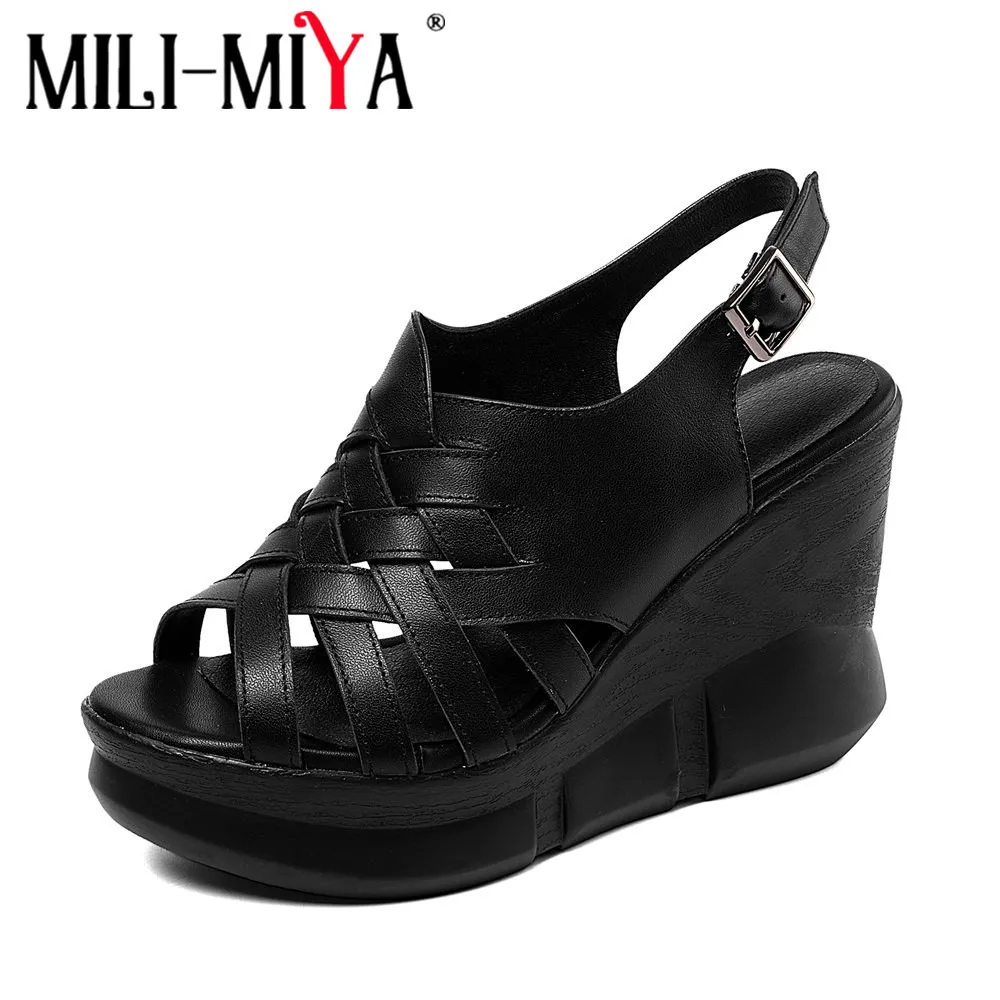 

MILI-MIYA сандалии из натуральной кожи наивысшего качества; Женские летние туфли на танкетке с открытым носком; Женские повседневные офисные ту...