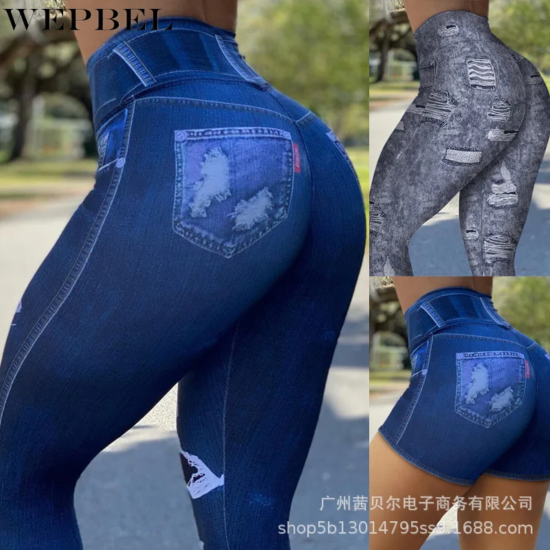 

WEPBEL Women Fashion Leggings Lady Print Wet High Waist Imitation Cowboy Trouser Pants