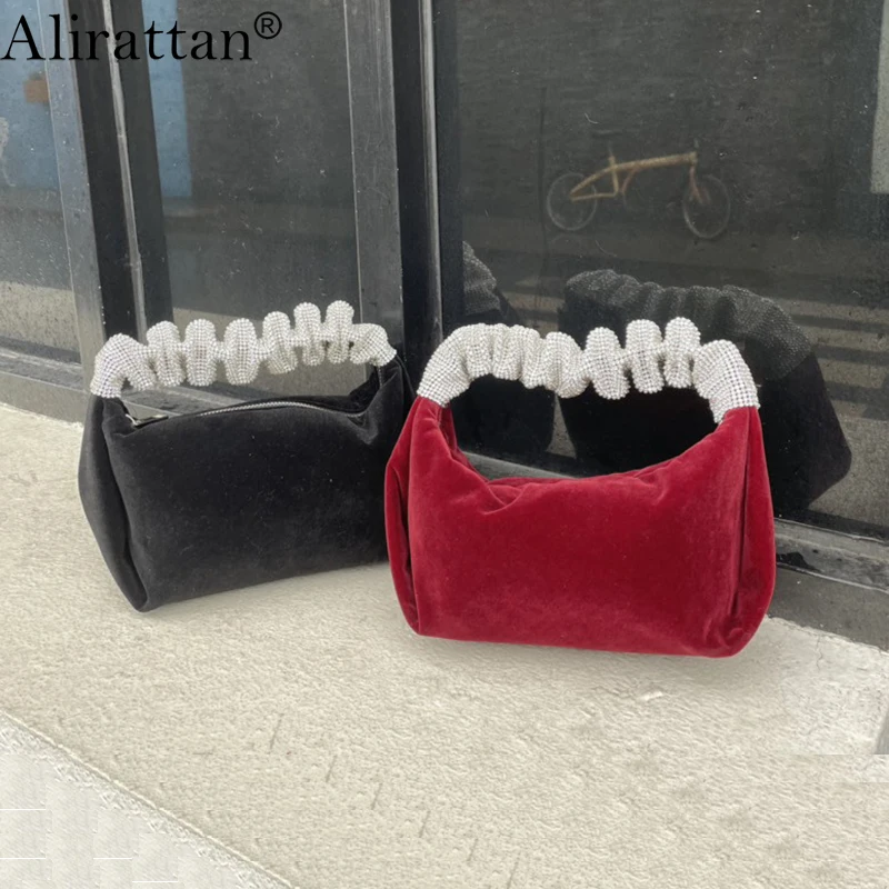 

Alirattan New Women Velvet Rhinestone Clutch 2022 New Luxury Soft Fold Handle Chic Handbag High Quality Female Dinner Bag Purse