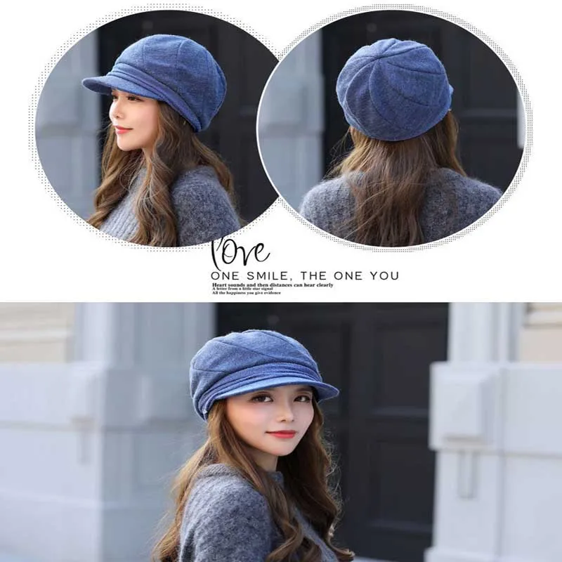 

Knitted Winter Hats Women Solid Plain Octagonal Newsboy Cap Ladies Casual Artificial Wool Hat Winter Beret Painter Cap