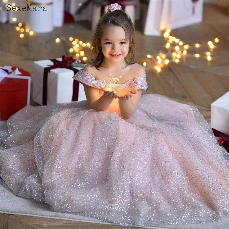 Cute Pink Glitter Tulle Flower Girl Dresses Princess Off Shoulder Puffy Formal Wears Party Pageant Gowns
