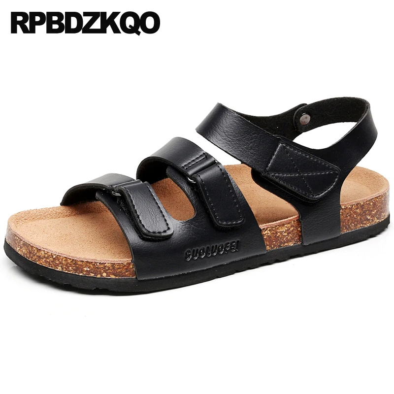 Мужские сандалии гладиаторы на пробковой подошве черные кожаные