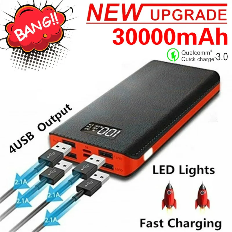 Портативный внешний аккумулятор с 4 Usb портами 30000 мАч|Перезаряжаемые батареи| |