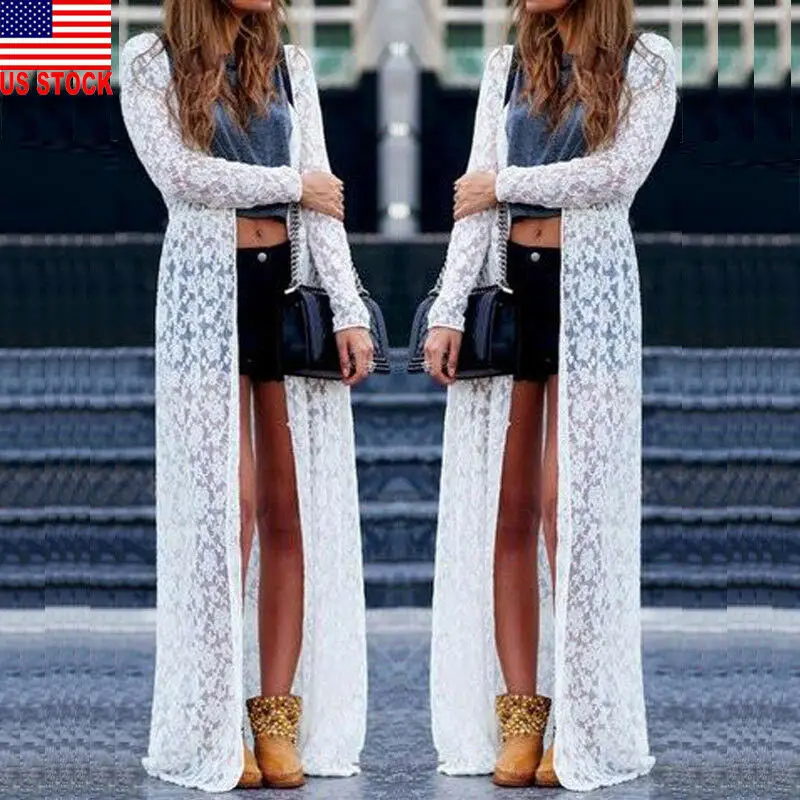 

Women swimwear Lace Bikini Cover Up Kimono Beach Cardigan Bikini Cover Up Wrap Beachwear 2020 summer white lace long dress