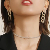 aensoa new rhinestone letter earrings for women fashion shiny crystal wnag letters pendant earrings fashion costume jewellery