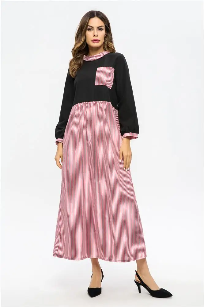 Женское Макси платье в полоску Abaya повседневное длинное мусульманское вечернее