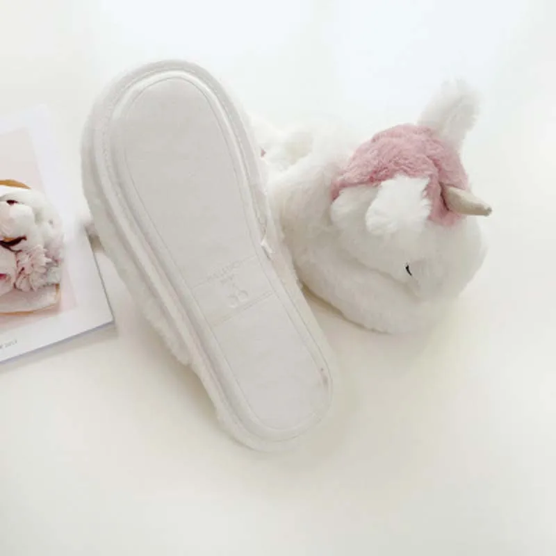 Product Three-dimensional unicorn plush slippers head winter warm cotton slippers Indoor silent non-slip home slippers
