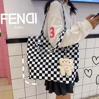 female bag 2021 autumn and winter new lazy checkerboard single shoulder large capacity commuter student canvas casual bag
