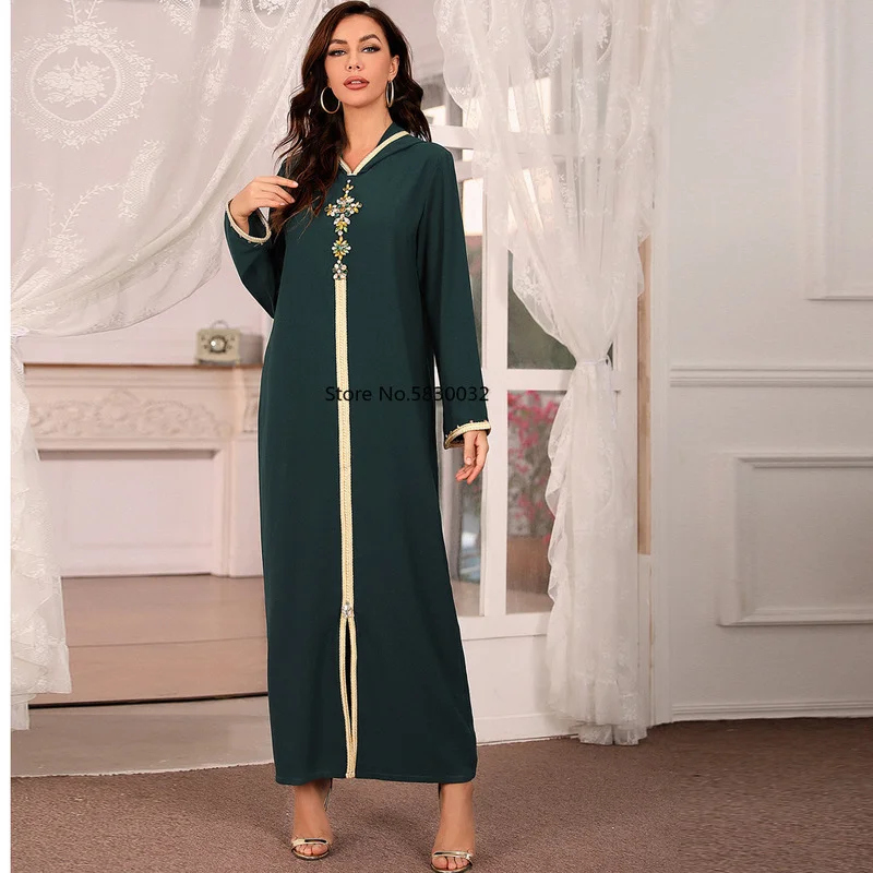 

Dubai Abaya Djellaba Moroccan Kaftan Women Diamond Braid Trim Long Sleeve Muslim Hijab Maxi Dress Robe Arabic Islamic Clothes