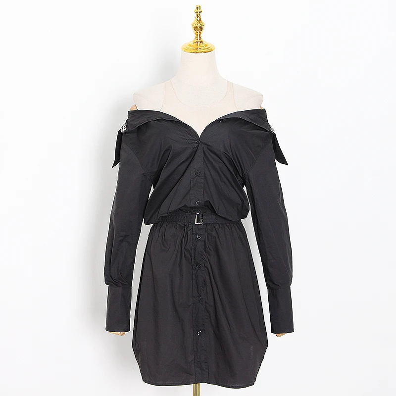 

CHICEVER Casual Dress For Women Slash Neck Long Sleeve High Waist Lace Up Patchwork Diamonds Mini Dresses Female 2020 Clothing