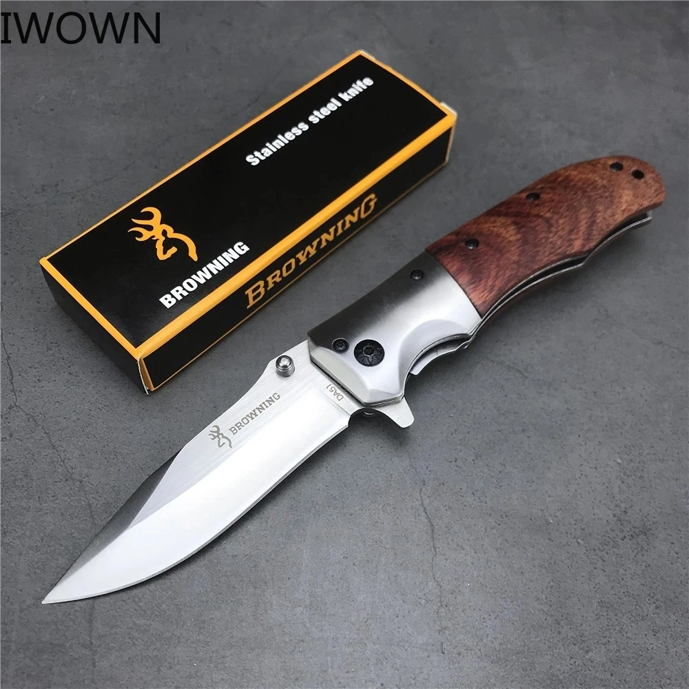 

IWOWN Portable Browning Folding Knife 3Cr13 Blade Rosewood Handle Tactical Knife Camping Survival Knife + Gifts Box