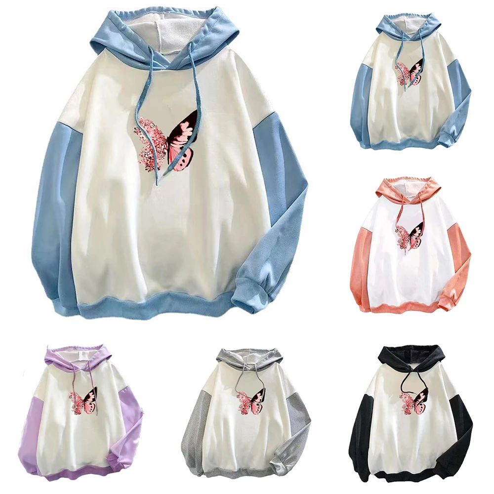 

Женские толстовки с капюшоном и принтом бабочек, свободный контрастный пуловер в стиле пэчворк, Удобный джемпер с капюшоном, топы, Новые пул...