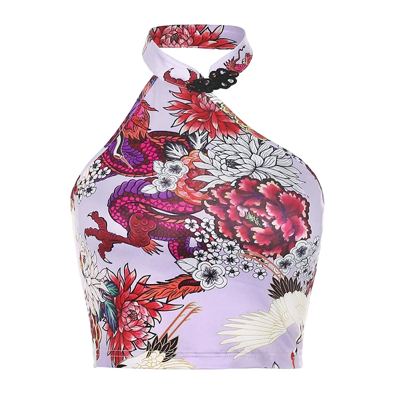 

Sexy Backless Dragon Printed Summer Tank Tops Women 2021 Chinese Style Sleeveless Halter Crop Tops Fashion Clothes