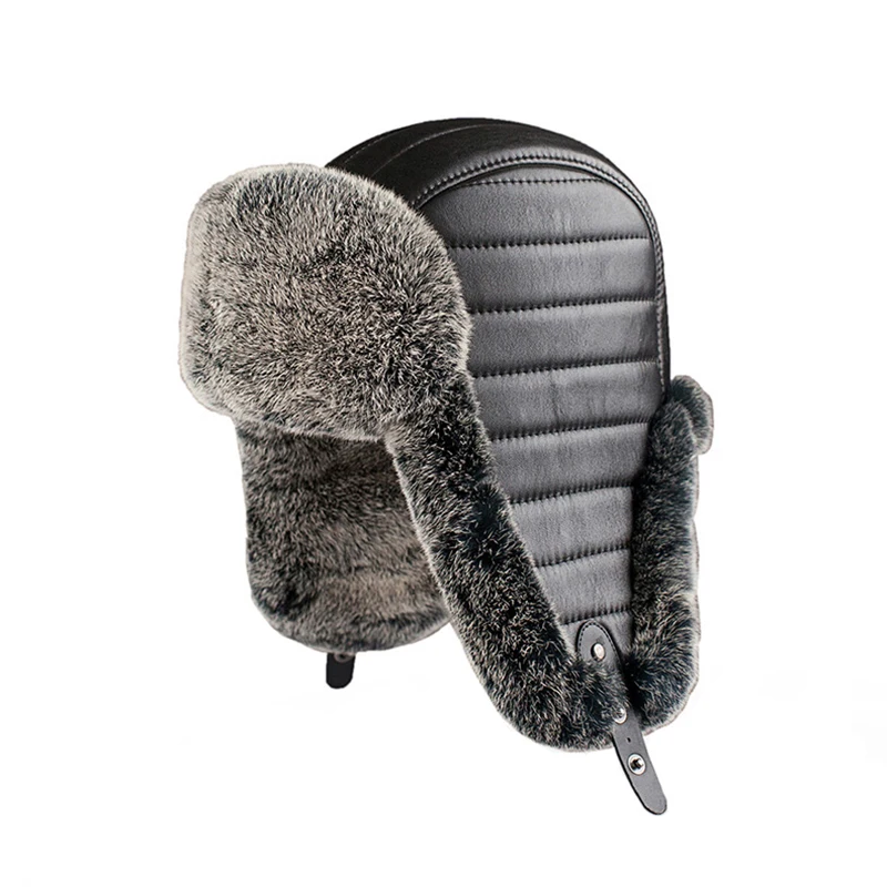 Winter Men's 100% Real Rex Rabbit Fur Aviator Bomber Hat Rabbit Fur Ushanka Cap Trapper Russian Man Real Leather Ski Hats Caps