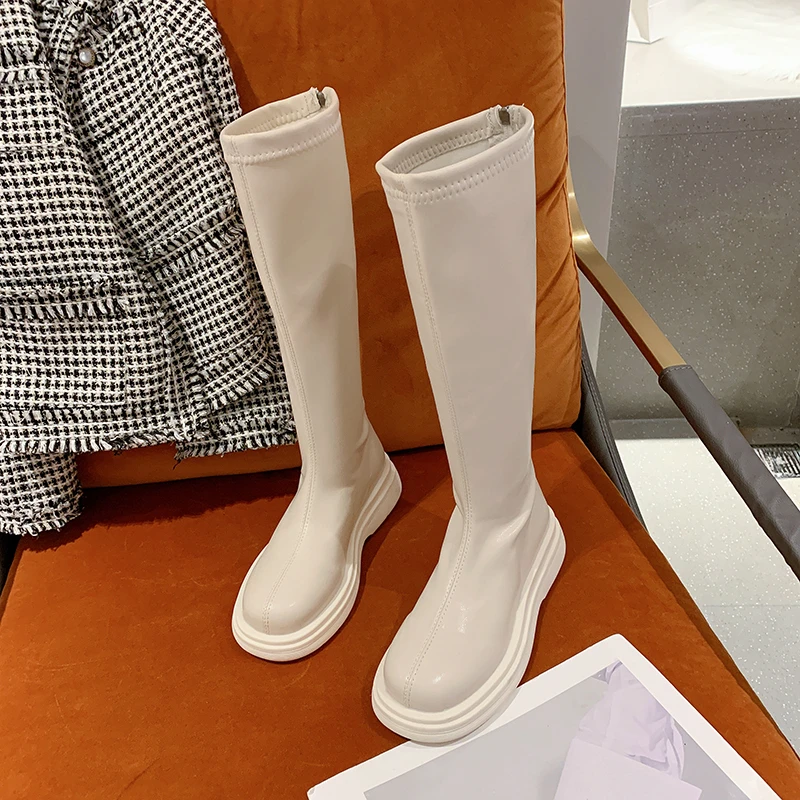 

2021 Autumn Women Soft Leather Knee High Boots Thick Bottom Woman Long Boots Fashion Waterproof Round Toe Plush Boots Footwear