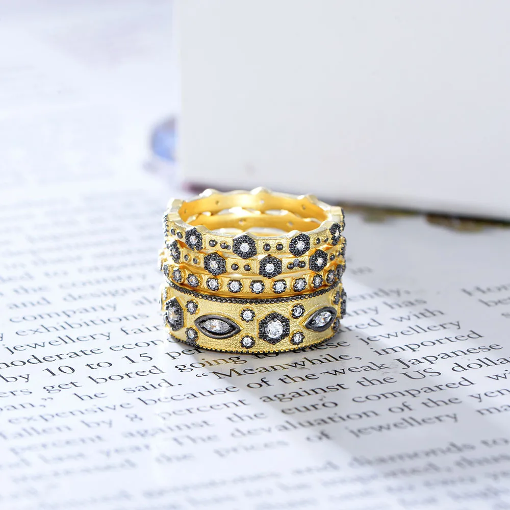 

Vintage S925 Sterling Silver Gold Plated AAA Zircon Ring set Geometric Black Hexagon Vintage Design for Women Men Birthday Gifts