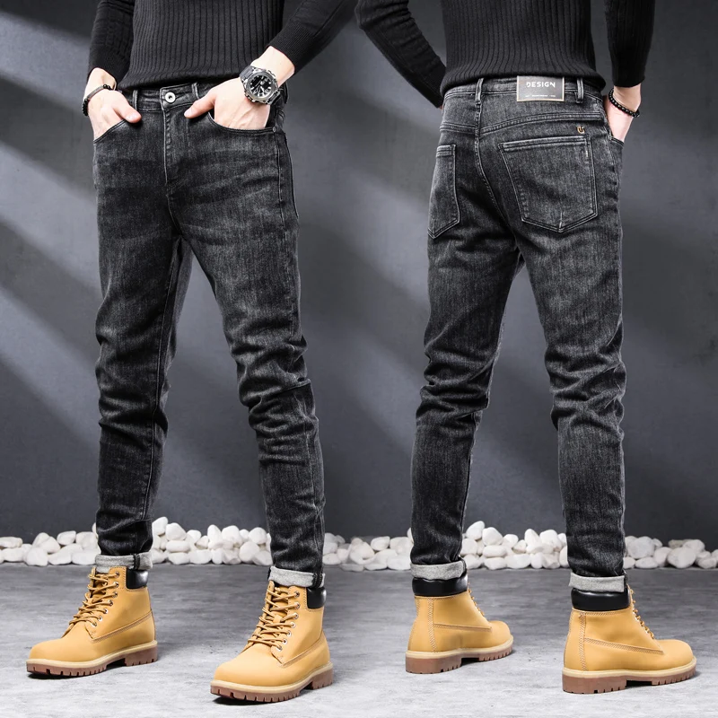 

Brand Men Jeans Slim Fit Stretch Black Gray Male Jeans Pants Denim Trousers Autumn New Arrivals Men's Clothing Fashion Pockets