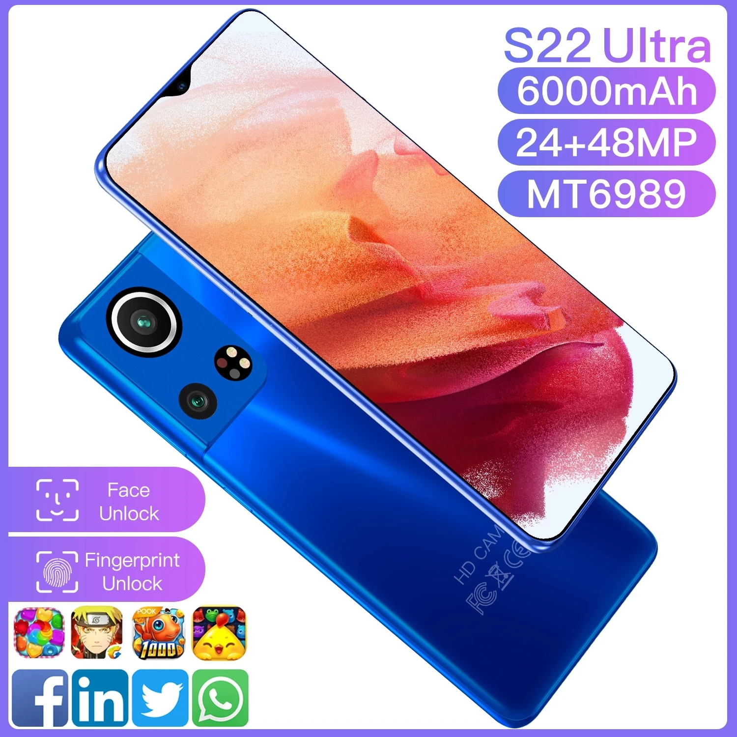 

Galay-S22Ultra Smartphone, Global Version, 5G, 6.7 Inch, 6000mAh, 16GB, 512GB, 48MP, MTK6989, 10 Core, Face ID, 4G