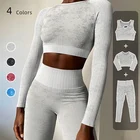 Бесшовные комплекты для йоги, женские укороченные топы с длинным рукавом, бюстгальтер, леггинсы, одежда, одежда для спортзала, костюм для фитнеса, спортивные комплекты, комплект для фитнеса