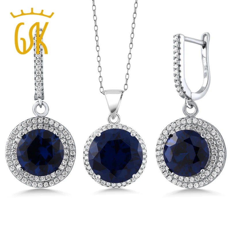GemStoneKing 18 50 Ct круглые синие серьги с искусственным сапфиром комплект кулоном из