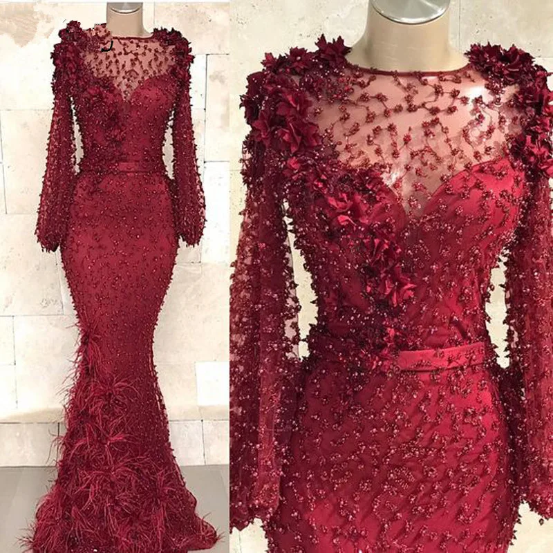 

Fashion Abendkleider Full Beads Evening Dress Mermaid Burgundy Long Sleeve Prom Dresses Feather Appliques Formal Gowns robe de