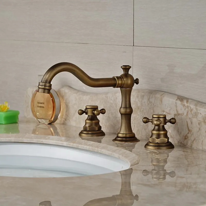 Античный латунный Смеситель для раковины с двумя поперечными ручками 3