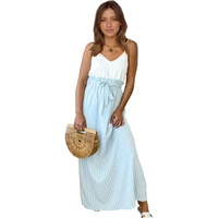new women sling dress summer contrast color stripe stitching beach dress fashion bohemian slim high waist strap long dresses