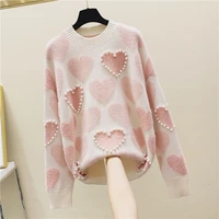 lyfzous heart shaped jacquard sweater women casual beading o neck loose pullover tops female warm knitwear tops pull femme
