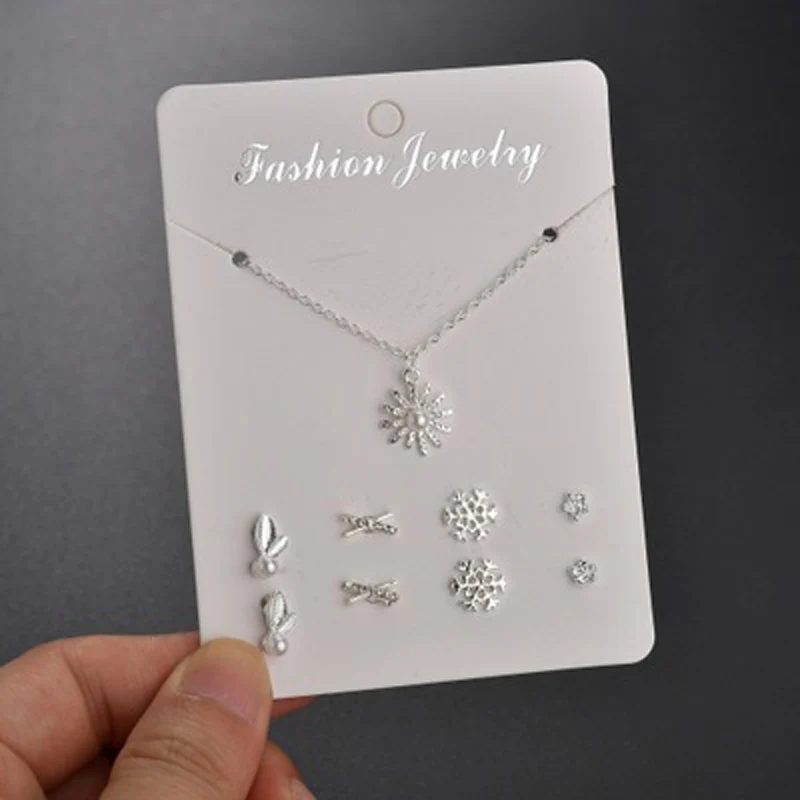 Fashion Mini Flower Faux Pearl Cross Heart Moon Pendant Jewelry for Women Exquisite Silver Color Necklace Ear Studs Set Gift | Украшения и