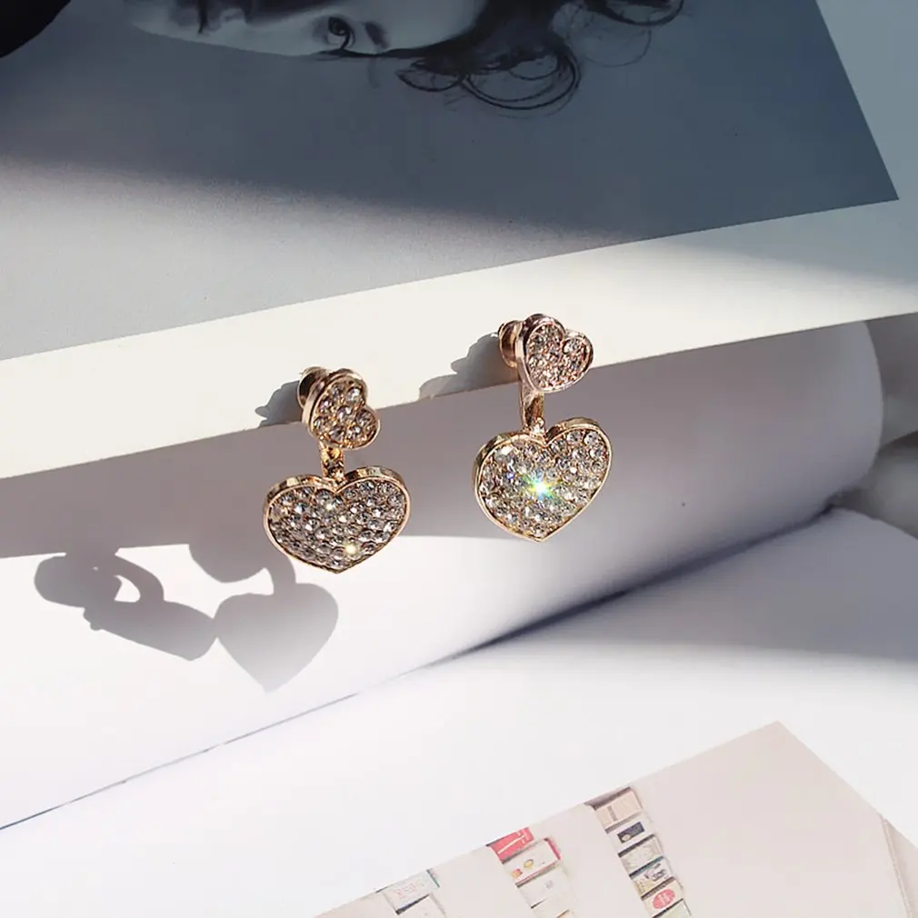 Серьги Двойные сердца с бриллиантами простые Стильные серьги ремнем сзади