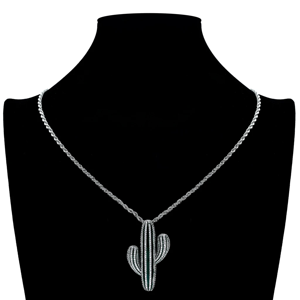 

New Hiphop Cute Gold and Silver Cactus Pendant Necklace Jewelry with Cubic Zirconia Stone