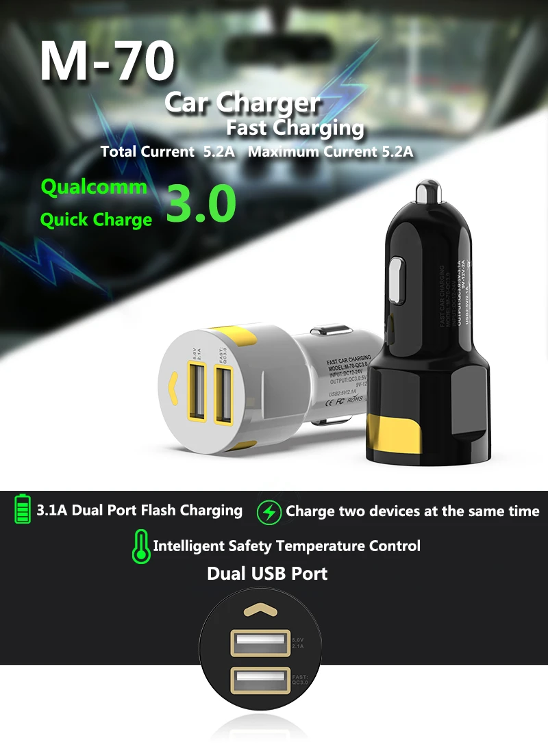 QC3.0 двойной зарядное устройство USB 3.1A адаптер Авто металлическое зарядное устройство для смартфонов/планшетов
