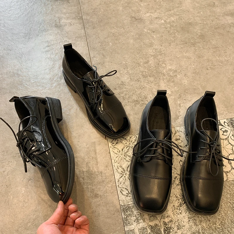 

Womens Derby Shoes Black Flats Casual Female Sneakers Modis All-Match British Style Ladies' Footwear Square Toe Autumn Leather N