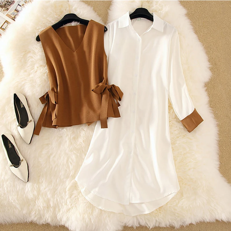 Осень зима 2020 новинка Корейская рубашка + жилет платье костюм женский маленький