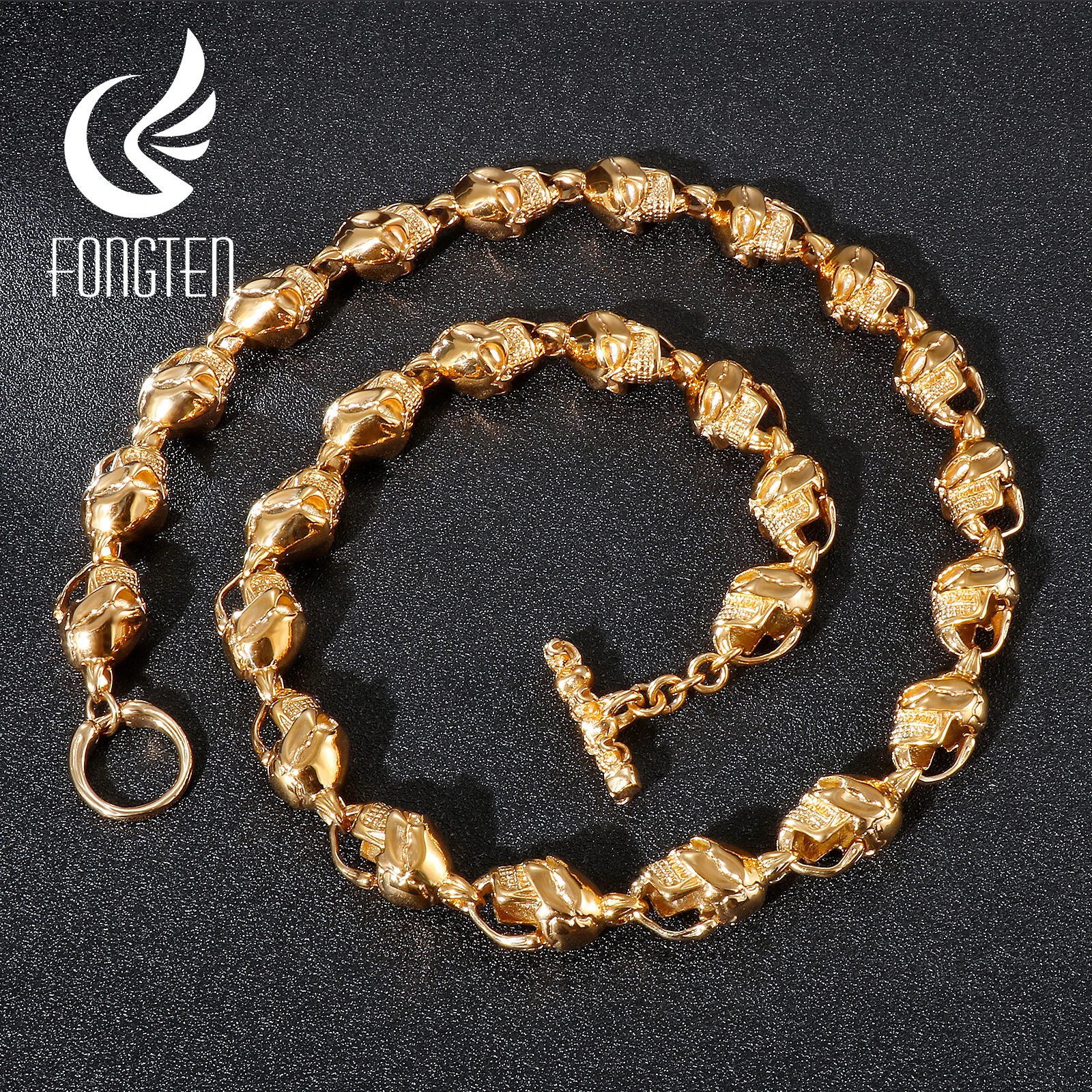 

Fongten Skull Head Charm Men Necklace Gold Color Stainless Steel Punk Gothic Style Long Chain Mens Jewelry