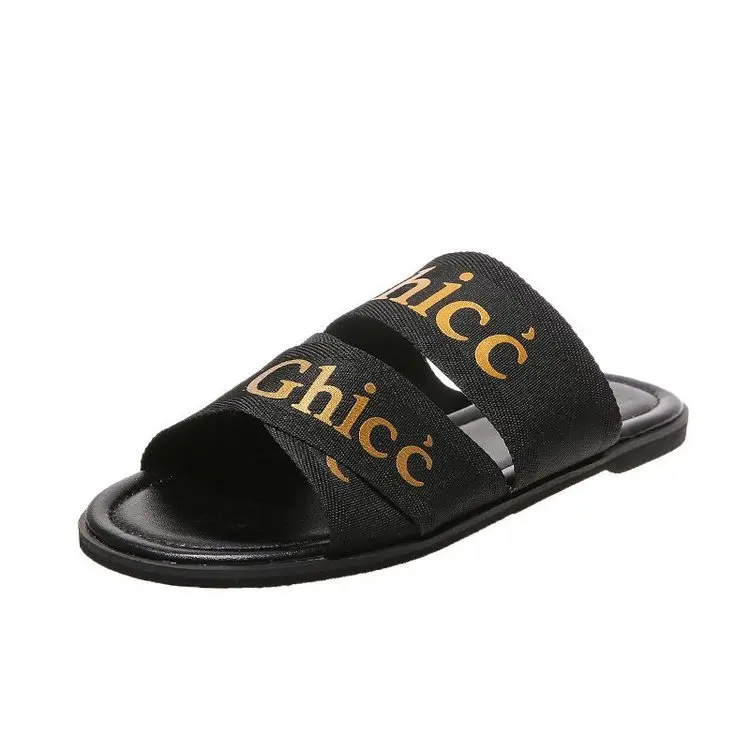 

Letter Slippers Women 2021 Summer New Korean Fashion Outer Wear Flat Bottom Drag Sandals Cross Casual Beach Shoes Women