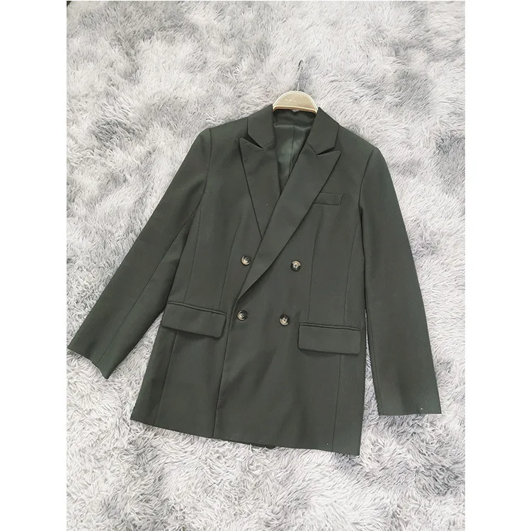 

2020 Autumn and Winter Two-piece Double-breasted Professional Small Suit Dark Green Jacket