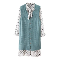 perhaps u black white knitting tank sleeveless button vest with shirt bow collar long sleeve polka dot dress set elegant t0231