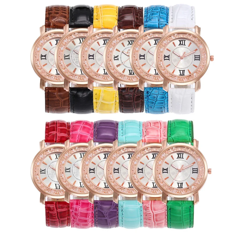 Роскошные женские часы с бриллиантами кожаные кварцевые римские цифры