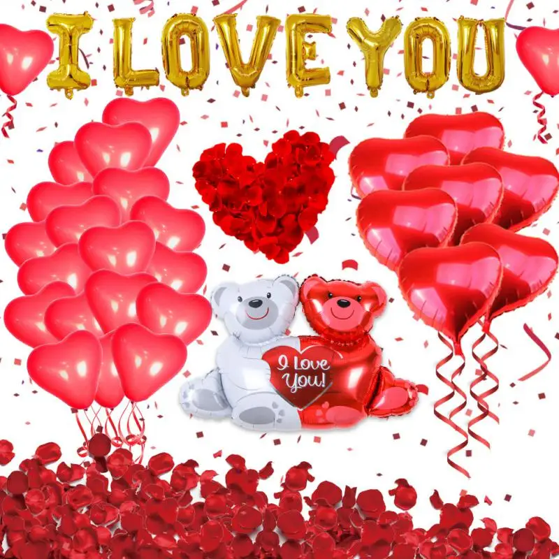 

1Set Red Valentines Day Balloon Set With I LOVE YOU Bear Foil Balloons Silk Rose Petals Lips Wedding Valentine's Day Decorations