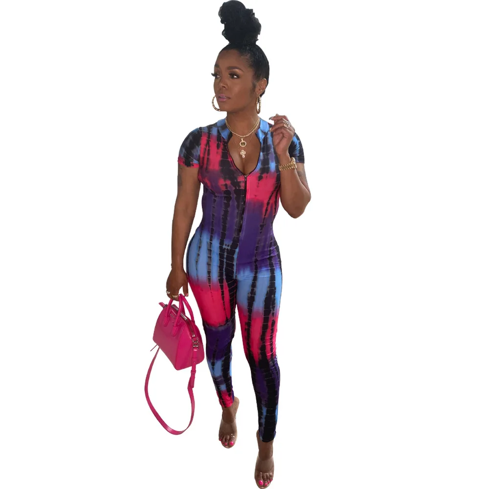 

Womens Jumpsuit Street Style Tie Dye Print Rompers Short Sleeve Front Zipper Skinny Overall Summer Ladies Slim One Piece Outfits