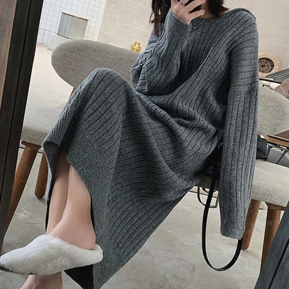 

Autumn And Winter Dress New Women's Lazy Style Hooded Loose Knit Dress Stretch Was Thinner Long Sweater Thicken Stripe Dresses